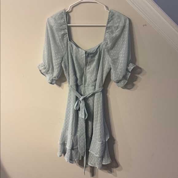 Sage Green Polka Dot Mini Dress Puff Sleeve Ruffle Faux Wrap Size Large - Picture 7 of 7